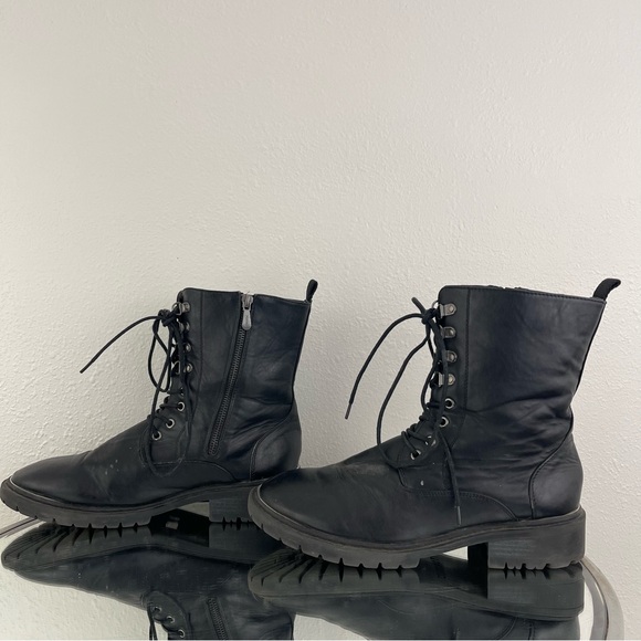 TORRID Black Dark Grey Faux Leather Metal Heel Mid Calf Lace Up Combat Boots - Picture 10 of 14